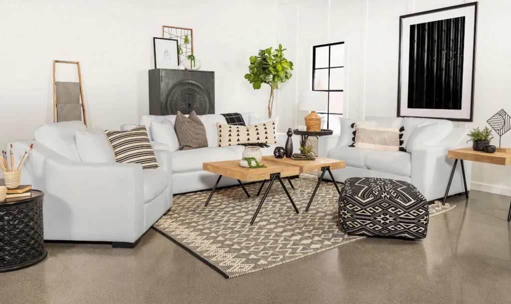 Contemporary living room with a white sofa and media console