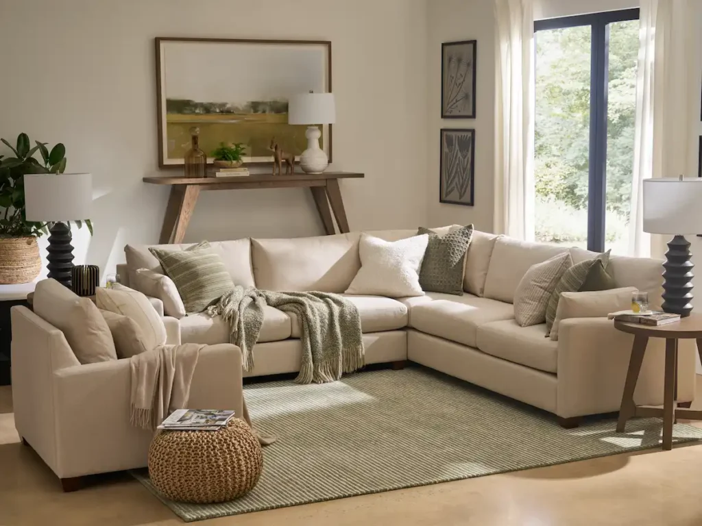Beige sectional sofa in a bright living room