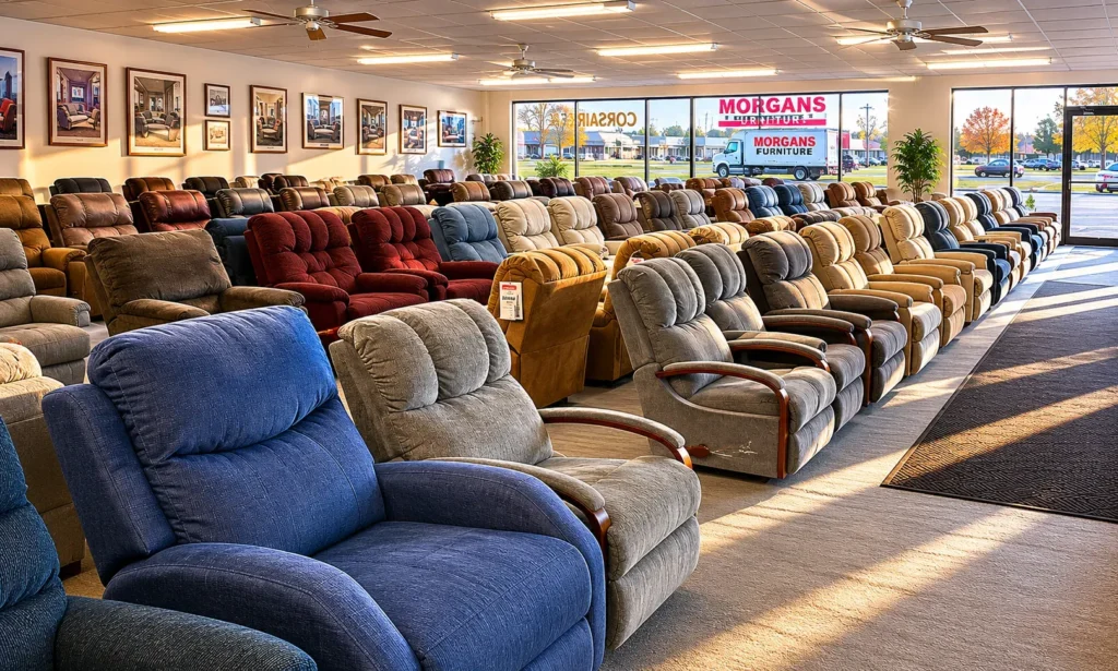 Rows of recliners on the Morgan's Furniture showroom floor